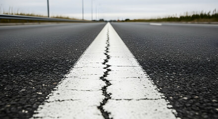 Cracked White Line Dividing Highway Lanes Under an Overcast Sky