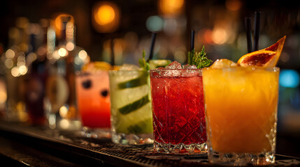 Vibrant cocktails line up at a dimly lit bar, ready to be served for a night party. A row of modern cocktails on a bar is the focal point, complemented by a blurred background of bottles and bartender
