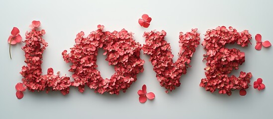 Floral arrangement spelling the word love, crafted from vibrant pink petals, beautifully arranged on a soft white background, creating a romantic and artistic expression of affection