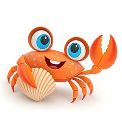 Smiling cartoon crab character embraces a scallop shell with big, cheerful eyes on white