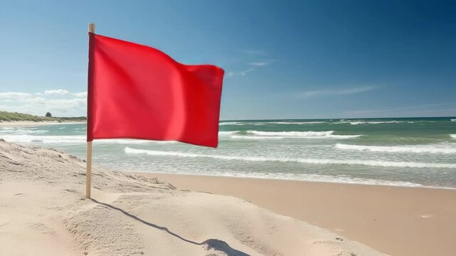 Red flag signals warning on sandy beach alongside clear blue ocean and cloudless sky