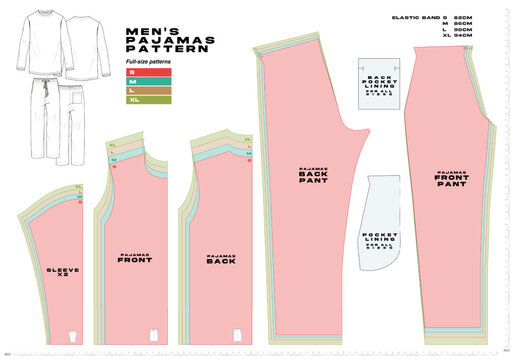 Men&rsquo;s pajama sewing pattern vector with shirt and pants in sizes S&ndash;XL. Includes front, back, sleeves, pants, and pocket. Perfect for fashion, loungewear, and sewing projects.