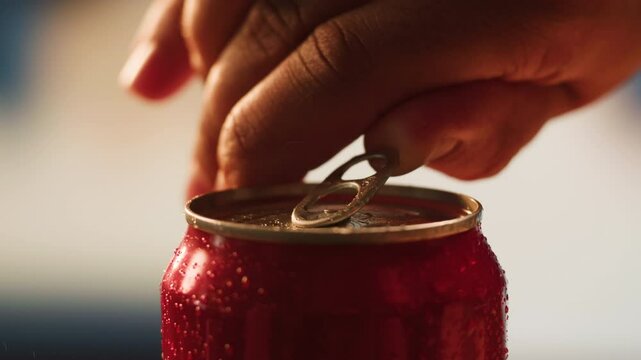 Opening soda or beer can, macro close up of can pull tab opening, watering refreshment, hand open lemonade or juice.