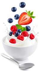 Yogurt bowl with fresh berries in a milk splash