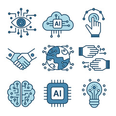 Technology Icons Including AI, Computer Vision, Machine Learning, Robot Arm, Human Arm, Brain, Electronic Eye, and Cloud Network for Digital and Tech Projects

