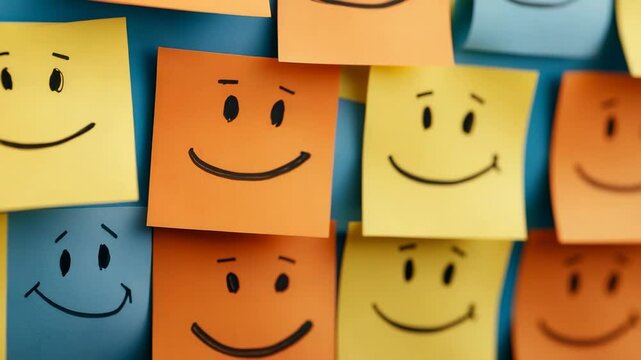 Colorful sticky notes with smiling faces create a cheerful atmosphere in an office space
