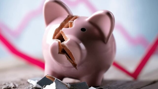 Broken piggy bank with scattered coins and declining trend in financial stability at the forefront of personal finance issues
