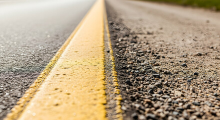 Close up of an asphalt road with a yellow line and gravel creating interesting visual contrast