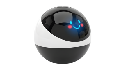 A whimsical orb-shaped robot with a friendly glowing face showcases modern tech and playful design against a transparent background, suitable for tech blogs or innovative product promotion.