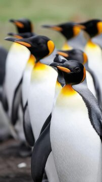 Group of king penguins gathered in their habitat on a chilly afternoon displaying social behavior in Antarctica