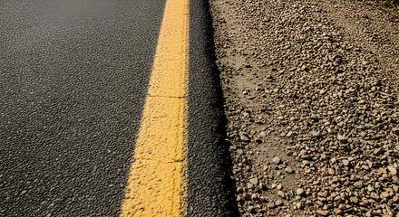 Close Up Of Asphalt Road With Yellow Painted Line And Stones On Side