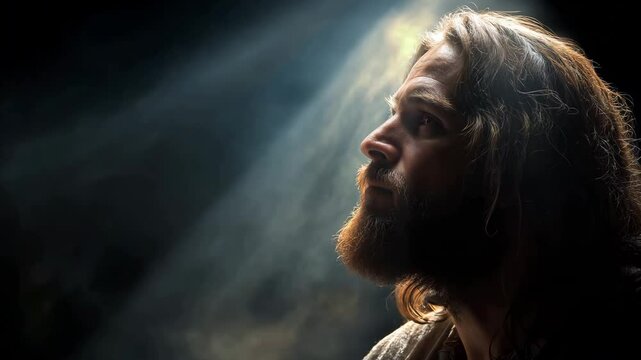 A man with long hair and a beard looks upward in a dimly lit setting as soft light illuminates his face from above