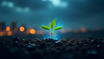 Glowing Seedling Emerging at Night: Hope, Growth, and New Beginnings in Urban Setting