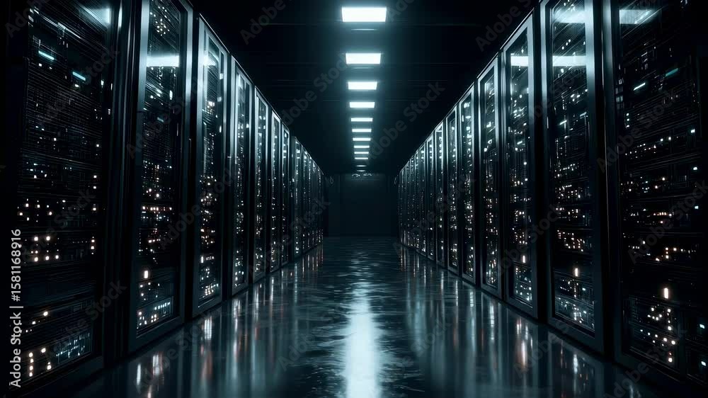 Poster Inside a somber server room numerous servers blink rhythmically in the dark casting an ambient glow that reflects off metallic surfaces emphasizing the complexity of data storage and