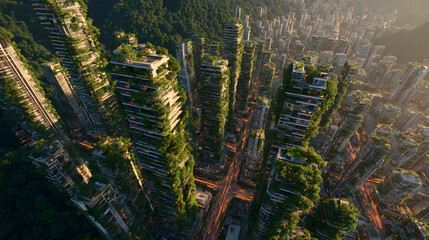 Obraz premium Golden hour drone footage over sustainable metropolis showing solar-paneled skyscrapers and vertical gardens, smart traffic systems pulsing below --ar 16:9