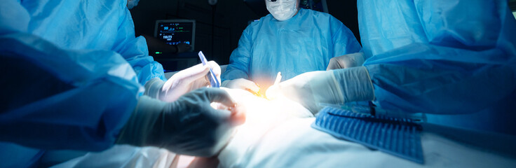 Team of Surgeons Performing Surgery Under Bright Lights in Operating Room, banner.