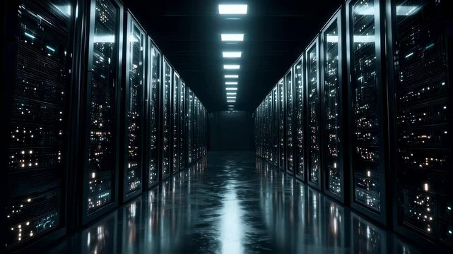 Inside a somber server room numerous servers blink rhythmically in the dark casting an ambient glow that reflects off metallic surfaces emphasizing the complexity of data storage and