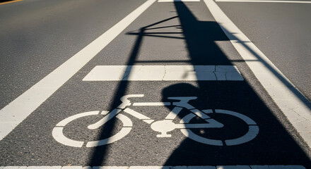 Designated bicycle lane on asphalt road with white bicycle symbol markings and shadows