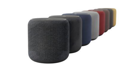 An array of cylindrical modern devices stands in a row, each showcasing a different vibrant color from gray to gold, perfect for illustrating tech or audio concepts, transparent background