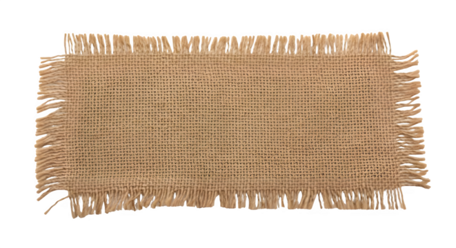 A frayed burlap patch creates a rustic texture with a transparent background, perfect for graphic design, scrapbooking, or adding a touch of country charm to various creative projects.