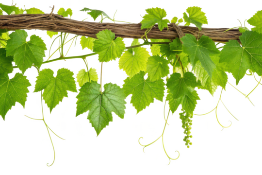 Vibrant green grape leaves and tendrils cascade from a weathered vine isolated on transparent background - Powered by Adobe