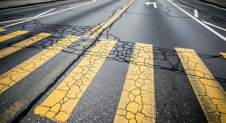 Cracked Yellow Crosswalk Lines on Asphalt Road Surface With Visible Wear