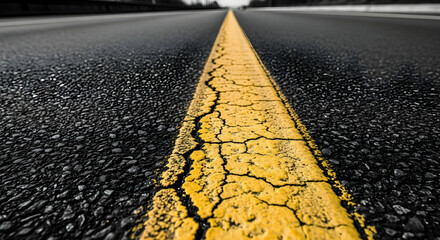 Cracked Yellow Line Guiding Perspective On An Asphalt Road Surface