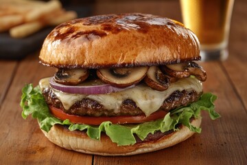 Gourmet mushroom burger on a wooden table