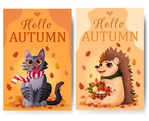 Autumn postcards. Set of postcards with autumn themes. Hello autumn. A kitten sitting on a pile of fallen leaves. A hedgehog with a basket filled with berries, mushrooms, and leaves.