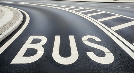 Designated Bus Lane Marking With White Paint And Roadside Curb View