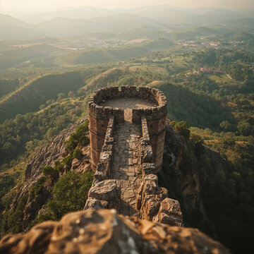 A breathtaking, vibrant, and highly detailed cinematic photograph of the ancient stone walls of Uparkot Fort majestically perched on Junagadh hill, captured in an aerial-style view, showcasing the lus