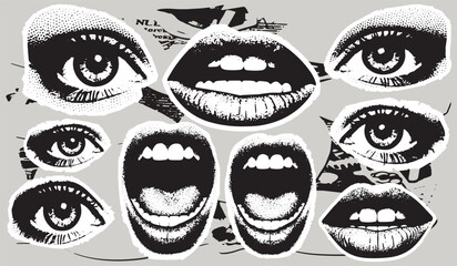 Collage of black and white graphic eyes and open mouths with teeth and halftone dots on a light gray background
