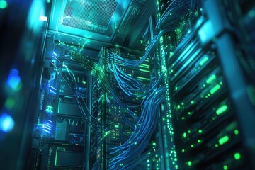 Server room interior, illuminated with glowing tech