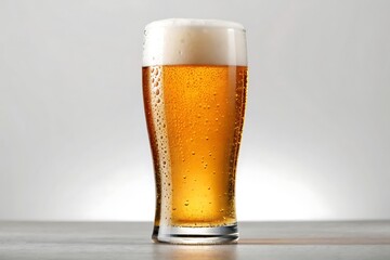 Refreshing Pilsner Beer Displaying Condensation and Frothy Head on a Muted Background, Evoking a Sense of Crispness and Quality
