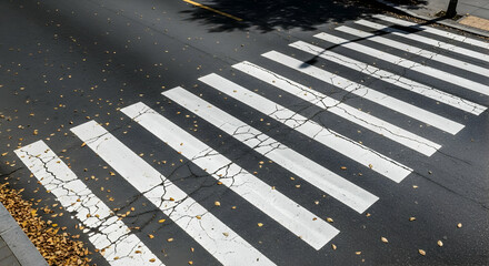 Cracked Zebra Crossing Reflects Urban Decay With Scattered Autumn Leaves