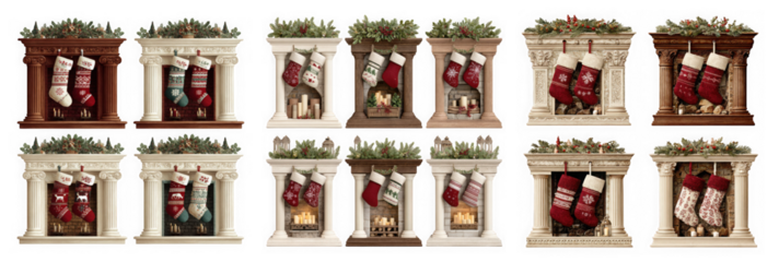 Multiple decorated christmas fireplaces with stockings hanging isolated on transparent background