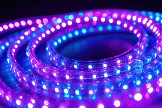 Close-up of coiled LED strip lights in vibrant purple and blue - Powered by Adobe