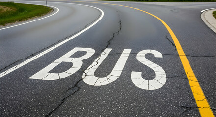 Designated bus stop on a winding road with cracked pavement and clear markings