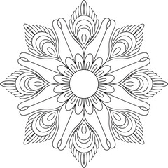 Intricate black outline mandala with peacock feather motifs abstract circle