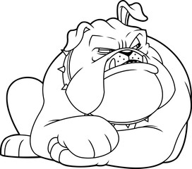 Tough Bulldog Cartoon Character Lying Down with Angry Face – Black and White