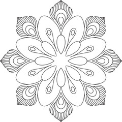 Intricate black outline mandala with peacock feather motifs vector