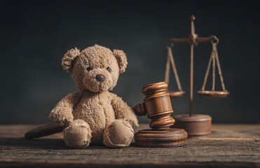 A desk displaying a wooden gavel, scale of justice, and toy teddy bear illustrates the ideas of divorce, family law, and child custody, and also touches upon legal proceedings, court cases, alimony