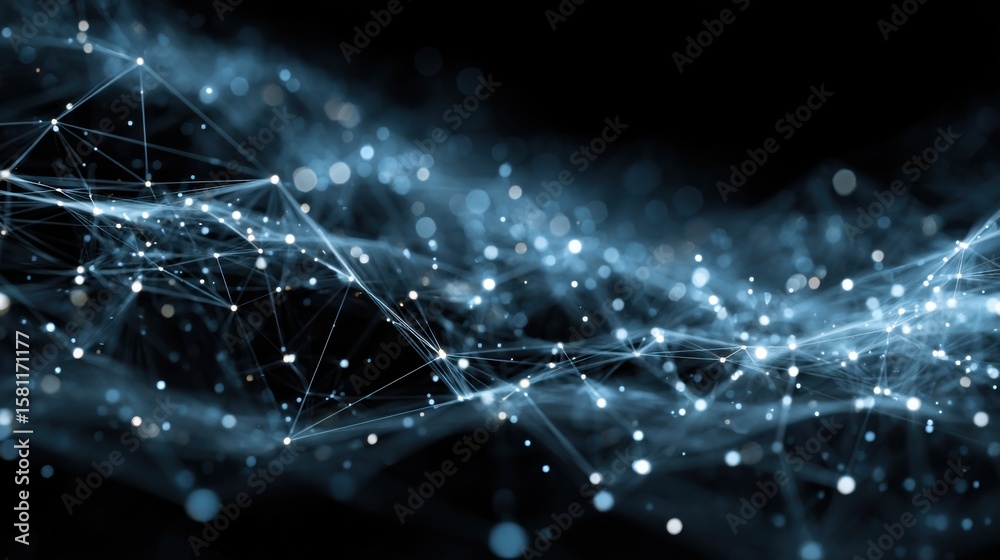 Poster lines and particles form a network, articulating a dynamic interaction of data across a dark backgro