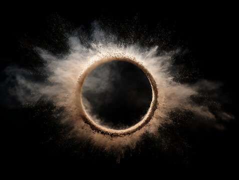 Circular explosion of beige powder against a black background creating a dynamic ring effect