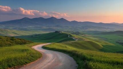 A house is nestled at the top of a hill, accessible by a dirt road that traverses a lush green field set against a backdrop of rolling hills