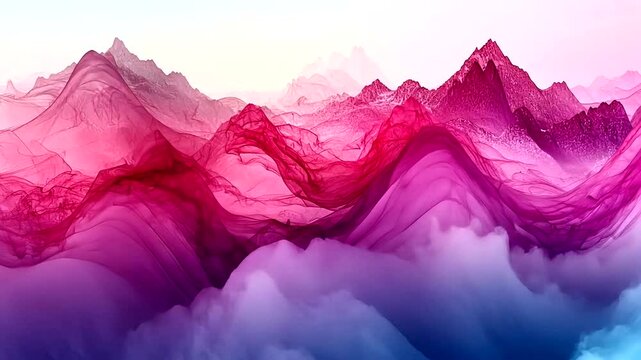 Abstract inkscape landscape with pink mountain, clouds, gradient watercolor effect, fluid flow