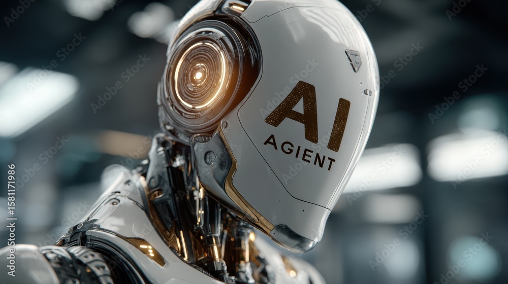 Poster a sophisticated robot with a sleek design and glowing details stands in a high-tech workshop. its fe