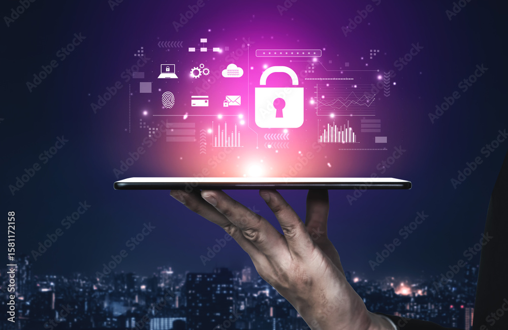 Poster digital cyber security lock system highlighting data security encryption, cyber password protection,
