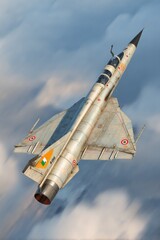 High-angle view of a military jet aircraft in flight.
