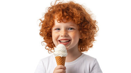 Happy Redhead Boy Enjoying Ice Cream Cone, Isolated on a White Background – Sweet Summer Treat
